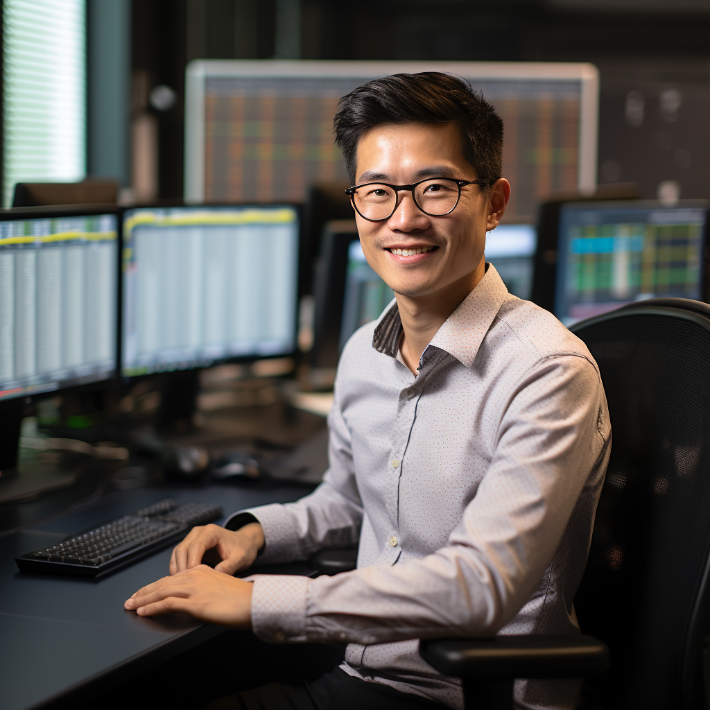 Asian man quantitative trader smiling at camera