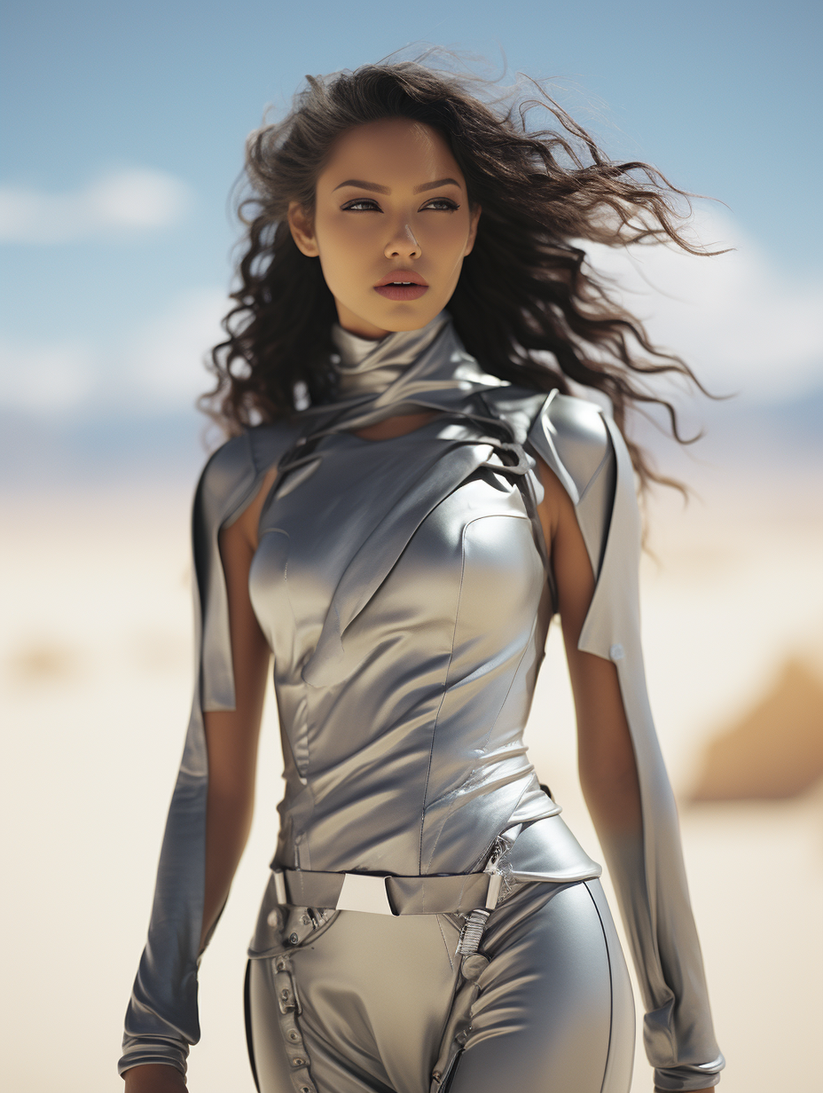 Asian model in silvery gray hair on white sands