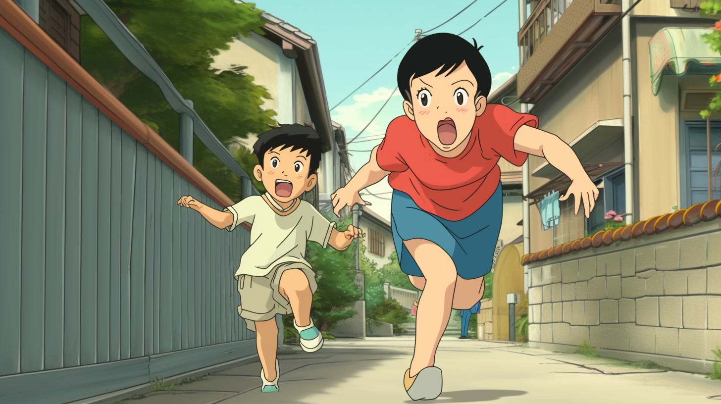 Asian mom chasing her son in Shin-Chan cartoon style