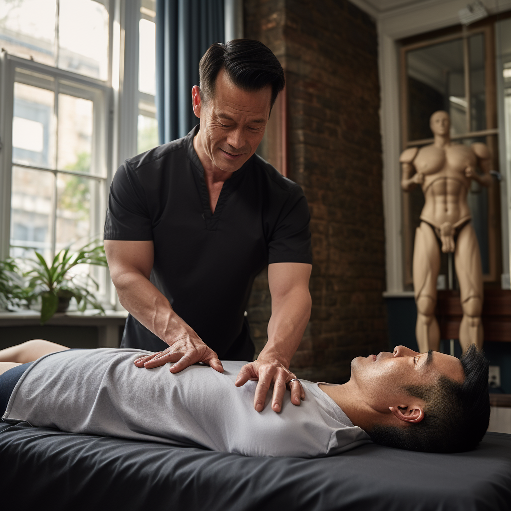 Asian Osteopath Treating Patient on Table