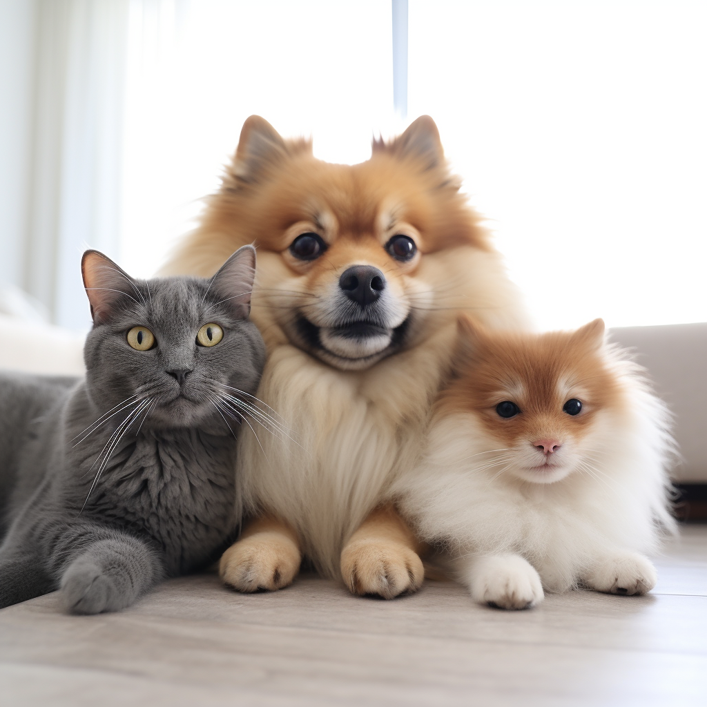 Asian owner with cats and dogs