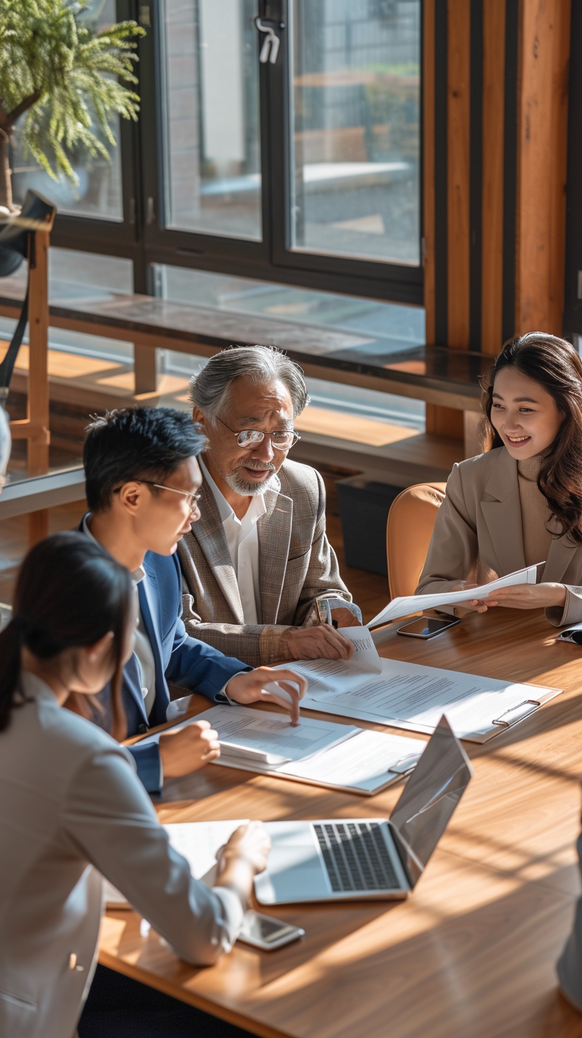 Asian people signing paperwork at office table