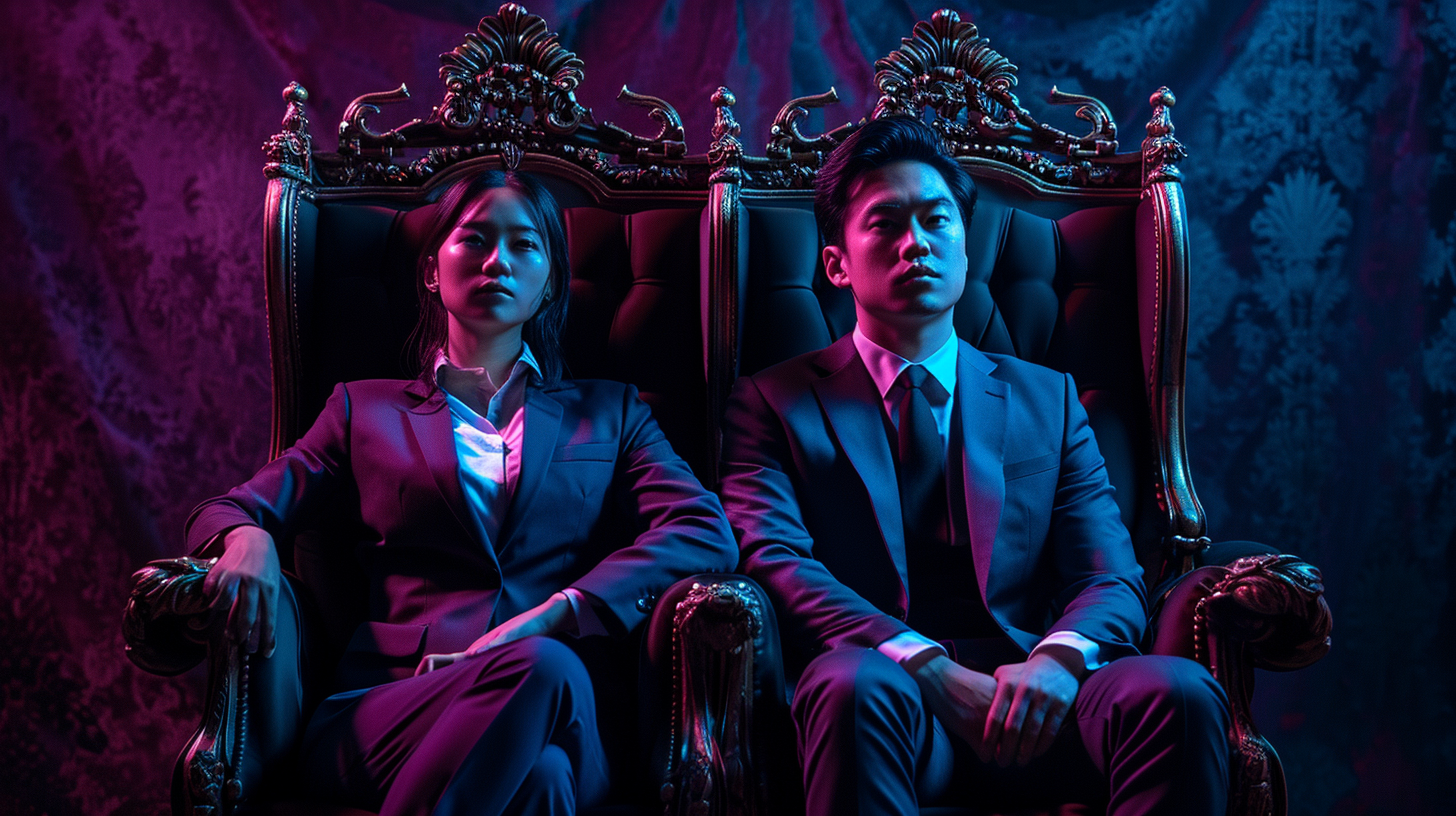 Asian businessman and businesswoman sitting on quantum throne