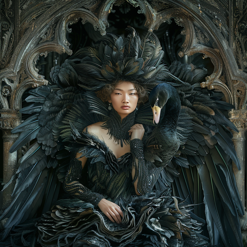 Asian Queen in Black Swan Feather Dress