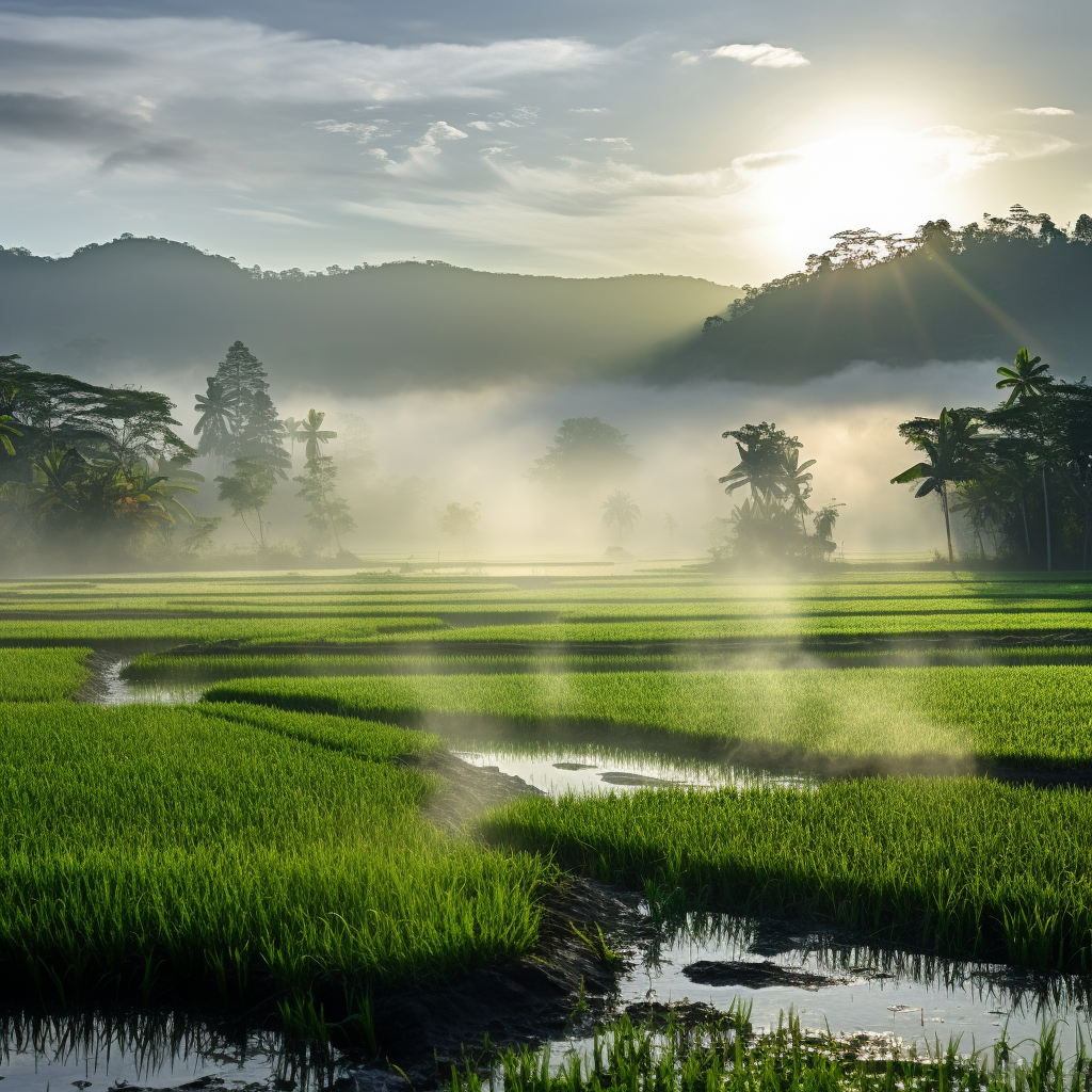 Serene Asian Rice Field Sunrise