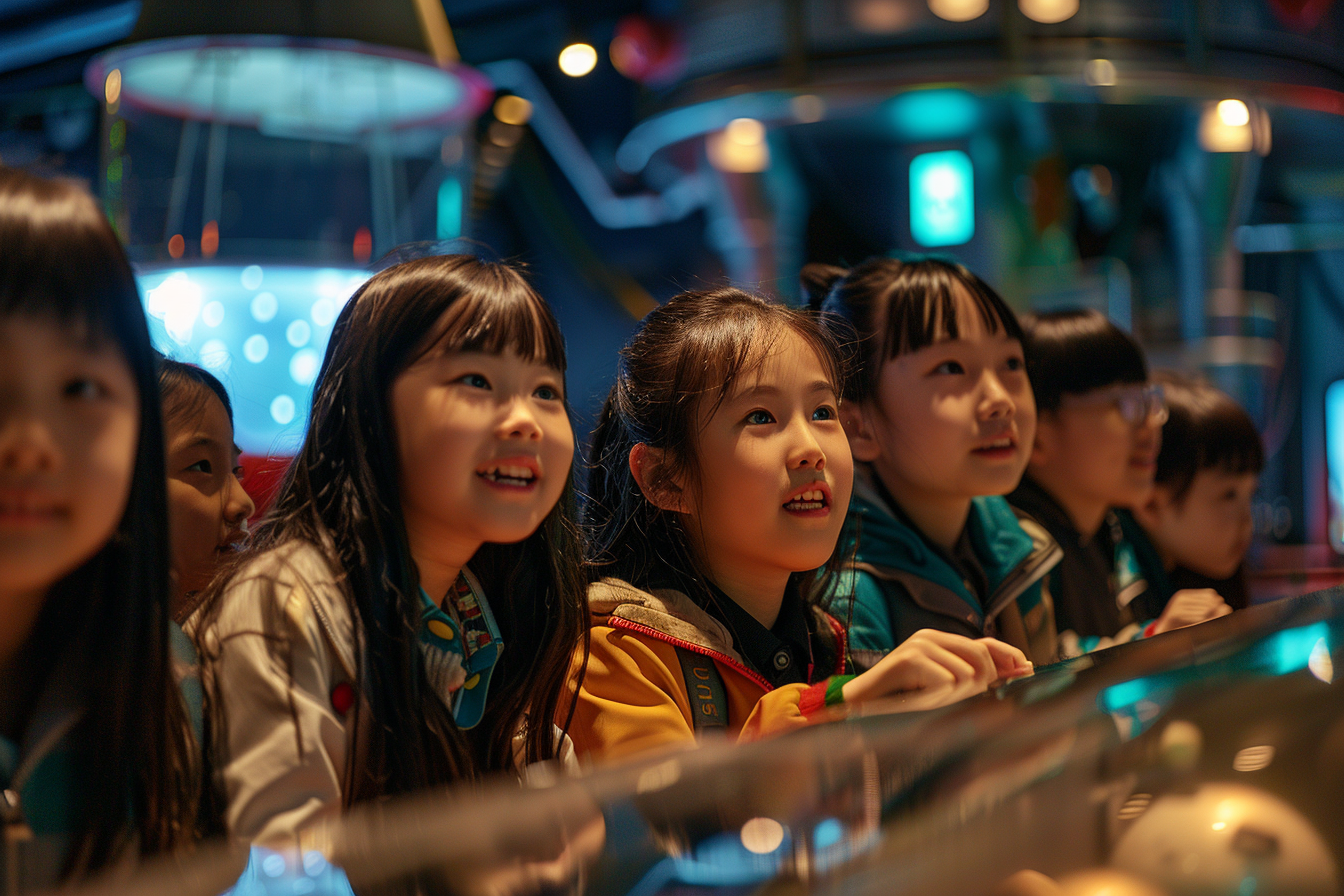 Young Asian school children at science museum