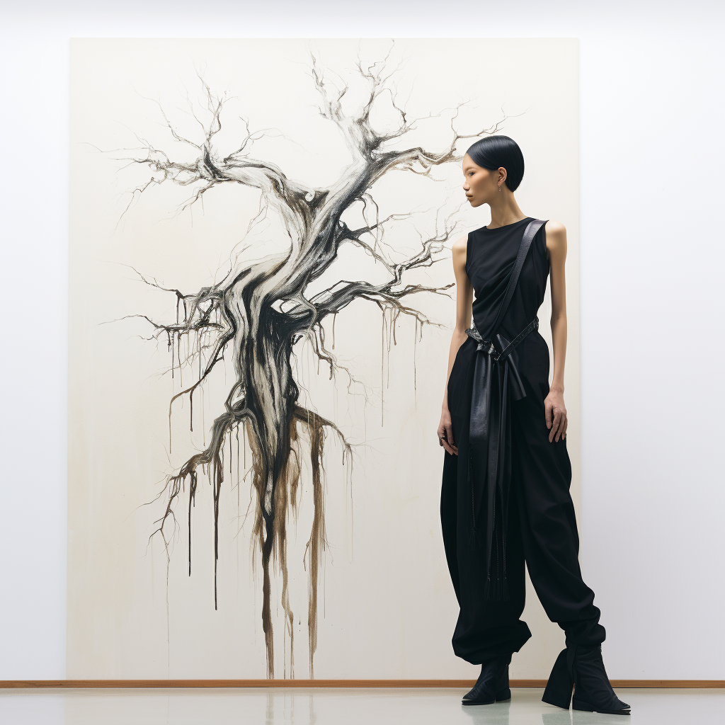 Asian supermodel in Rick Owens clothes with abstract tree