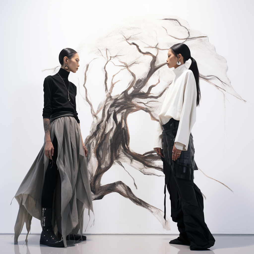 Two Asian supermodels in Rick Owens clothes posing in a white studio