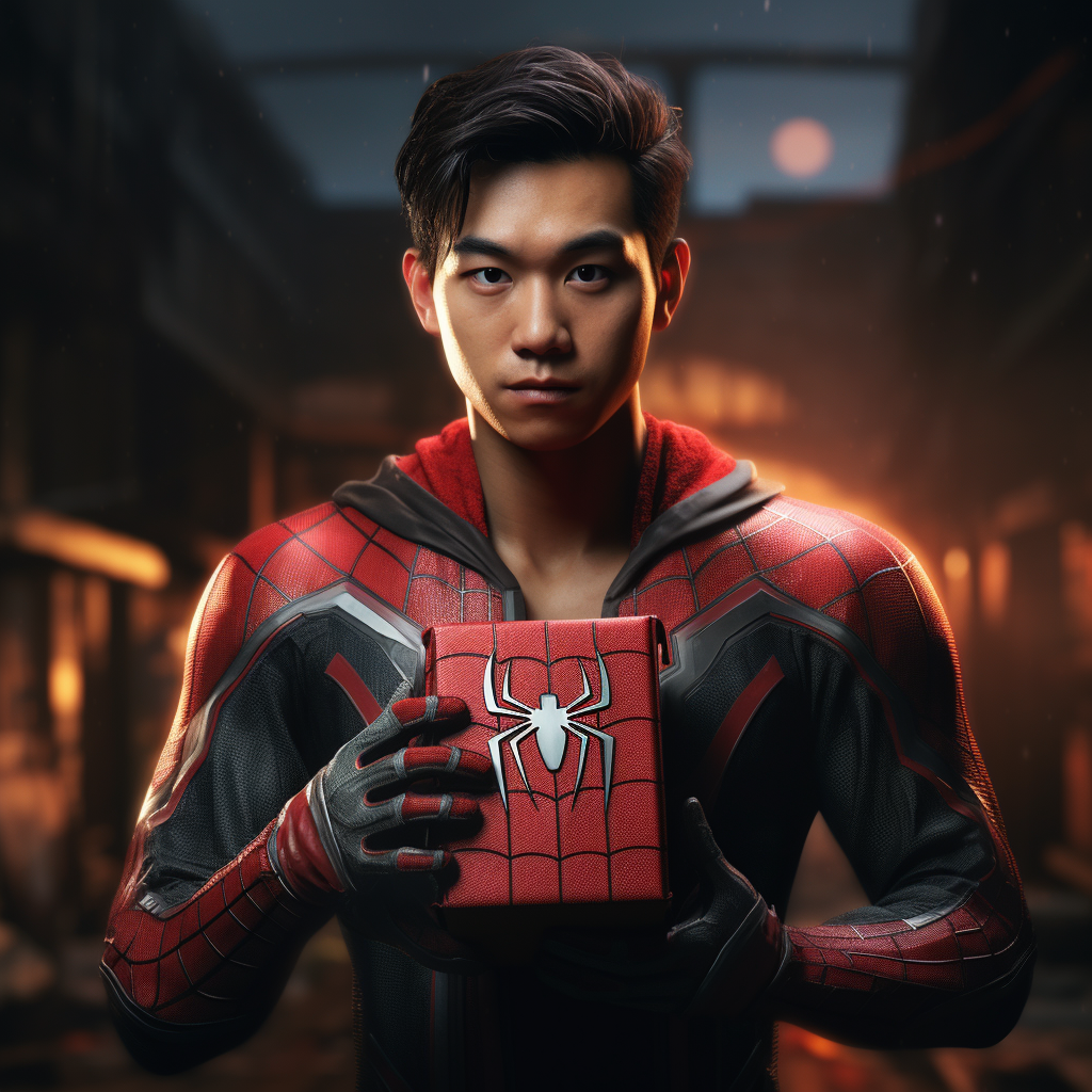 Asian Spider-Man holding an empty box