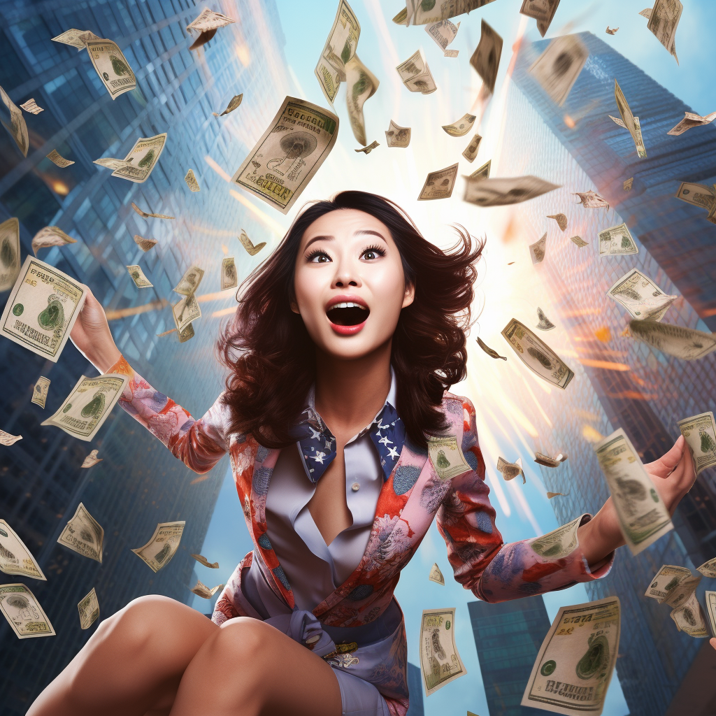 Superwoman flying with floating SGD bills