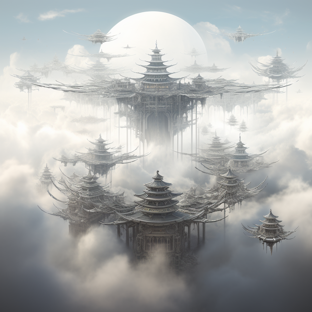 Floating Asian Temples Connected in Clouds