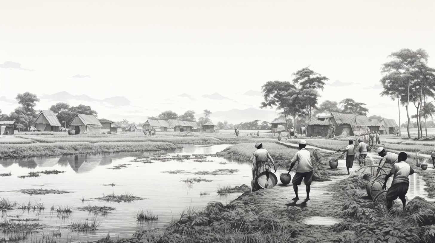 Asian volunteers and African farming scene