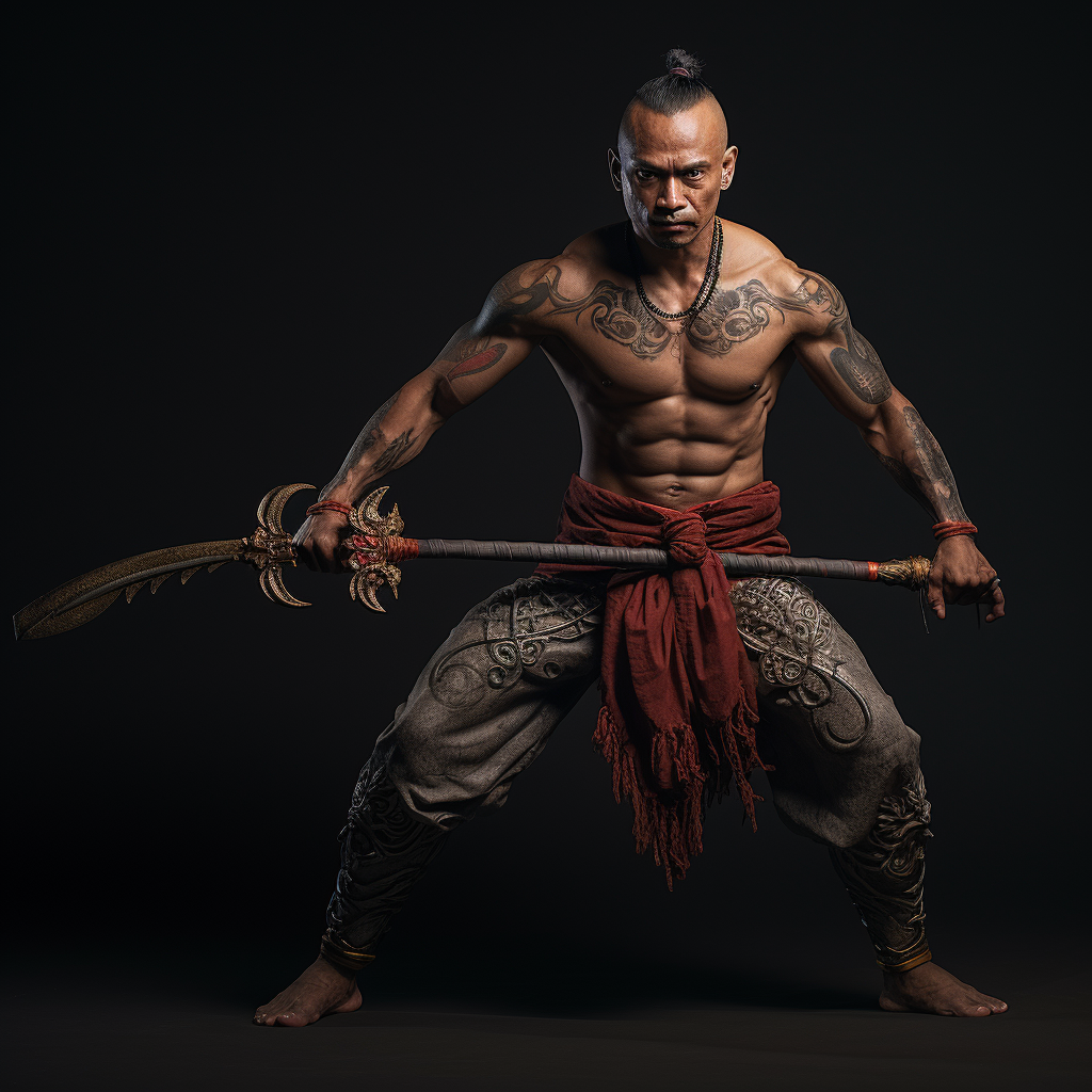 Asian warrior holding staff in fierce pose