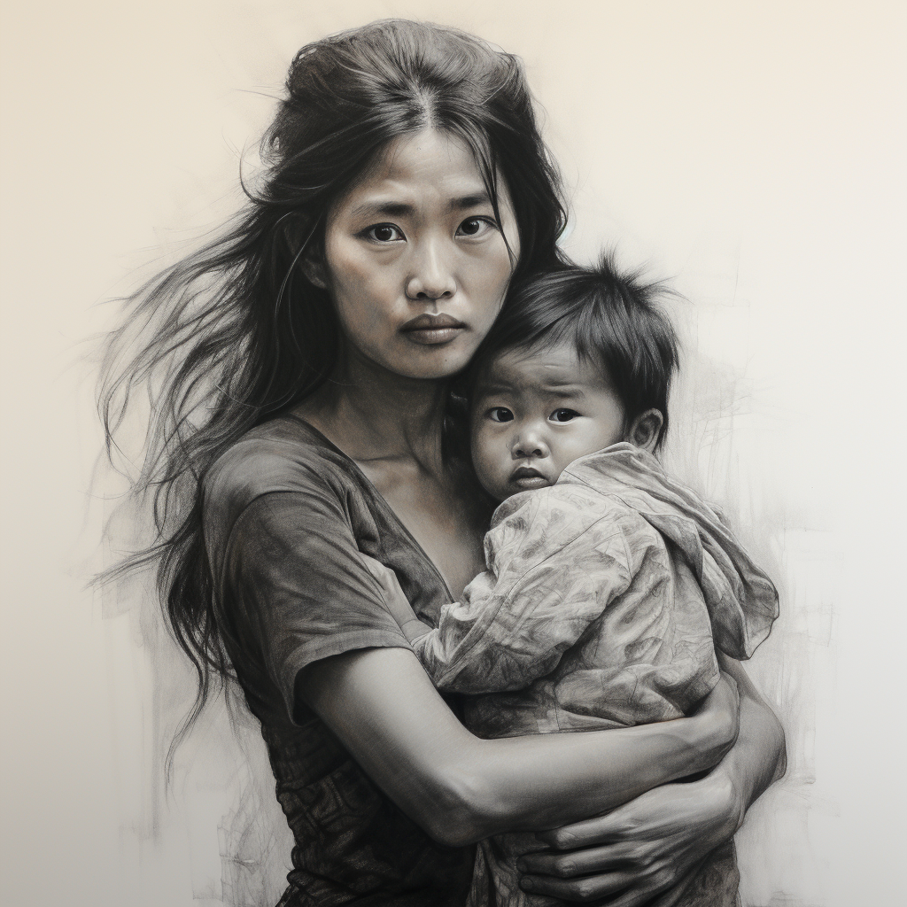 Charcoal drawing of an Asian woman carrying a baby