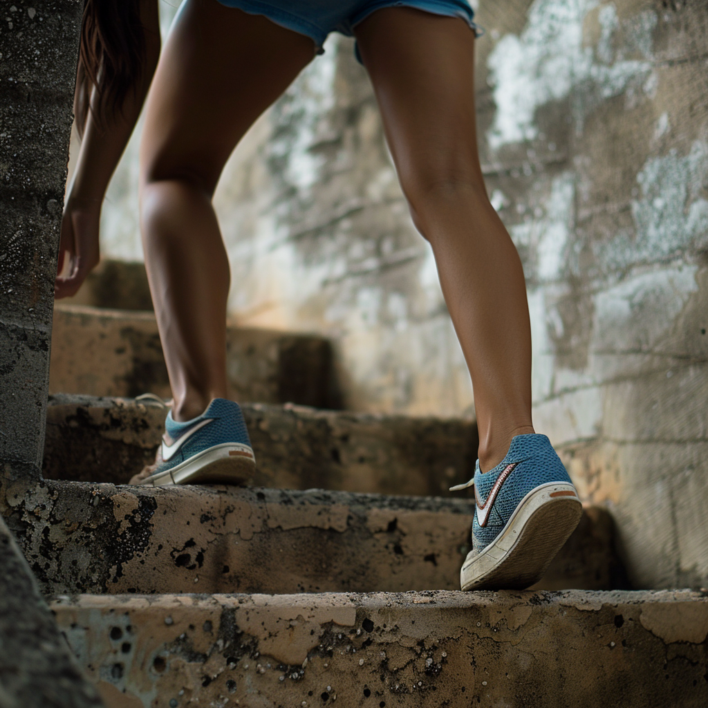 Asian Woman Climbing Stairs Closeup