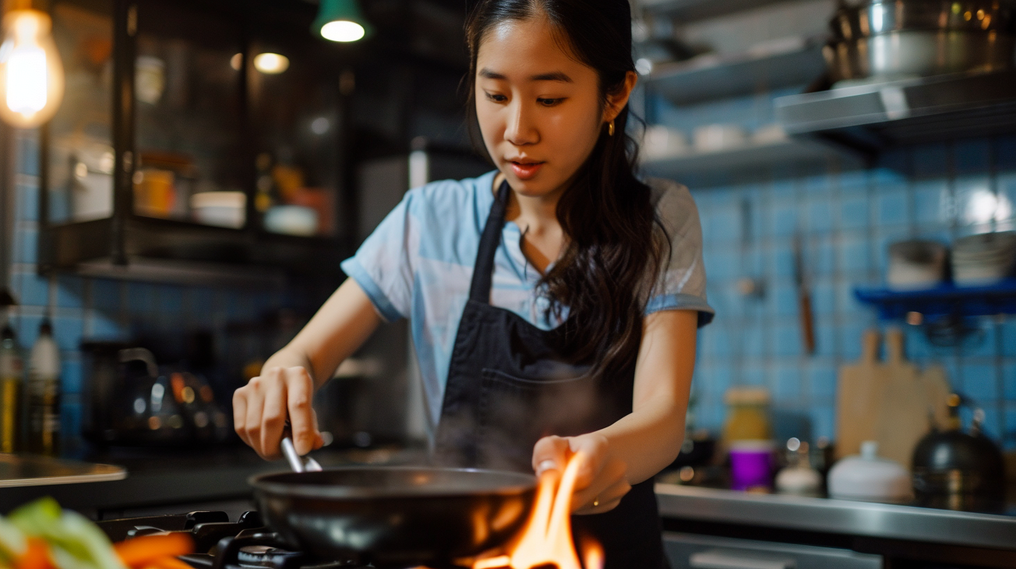 Asian woman cooking on gas hob