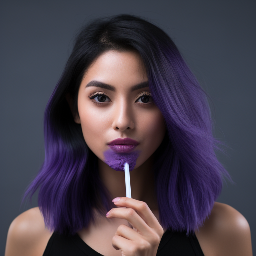 Asian woman licking purple popsicle