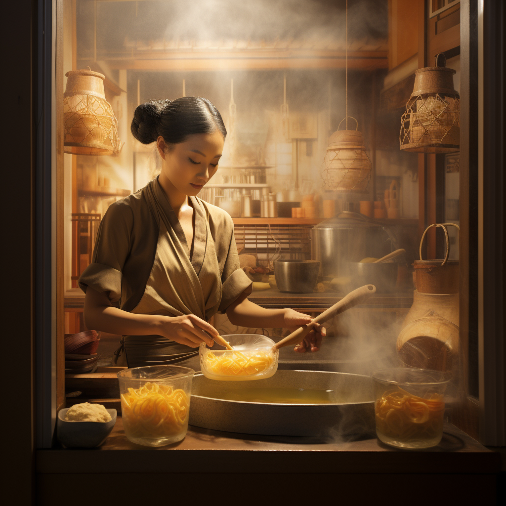 Asian woman expertly making noodles