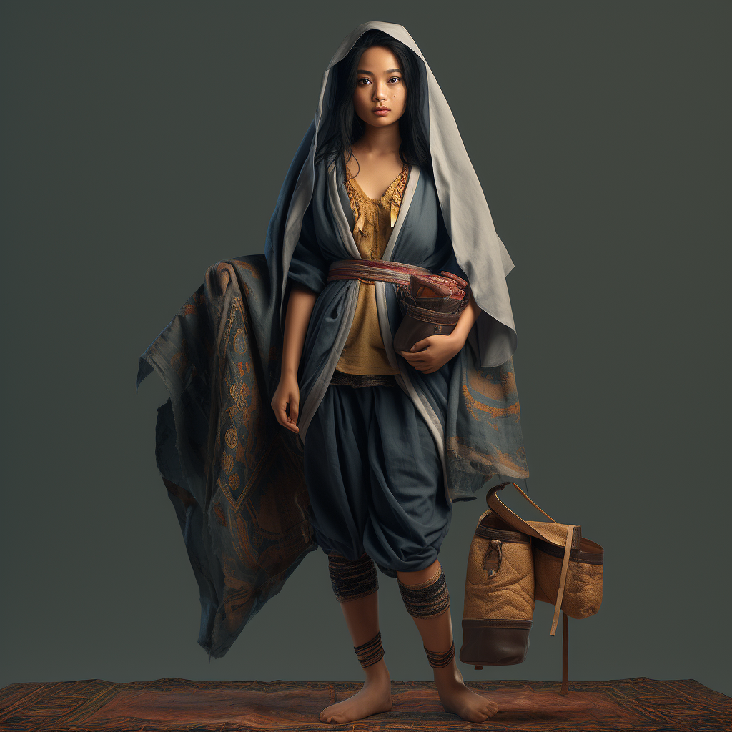 Stylish Asian woman in medieval thief attire and flip flops