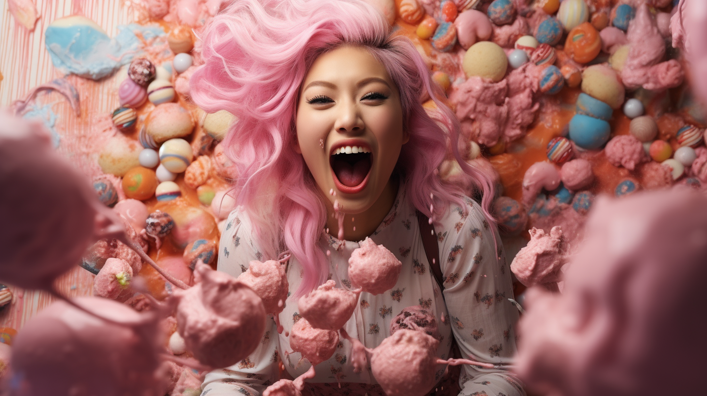 Pink-haired Asian Woman Brushing Teeth amidst Pink-colored Food and Desserts