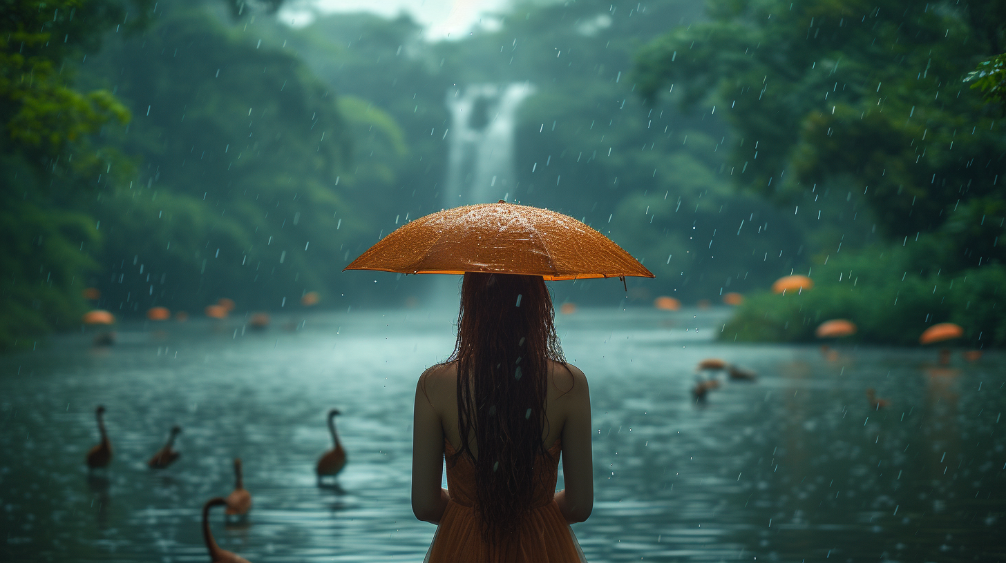 Asian woman playing in rain rice forest