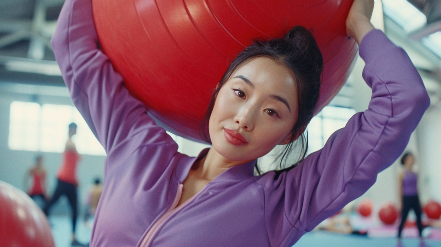 Asian woman doing situps in gym