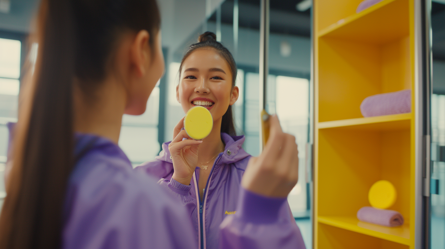 Asian woman in purple outfit smiling in mirror