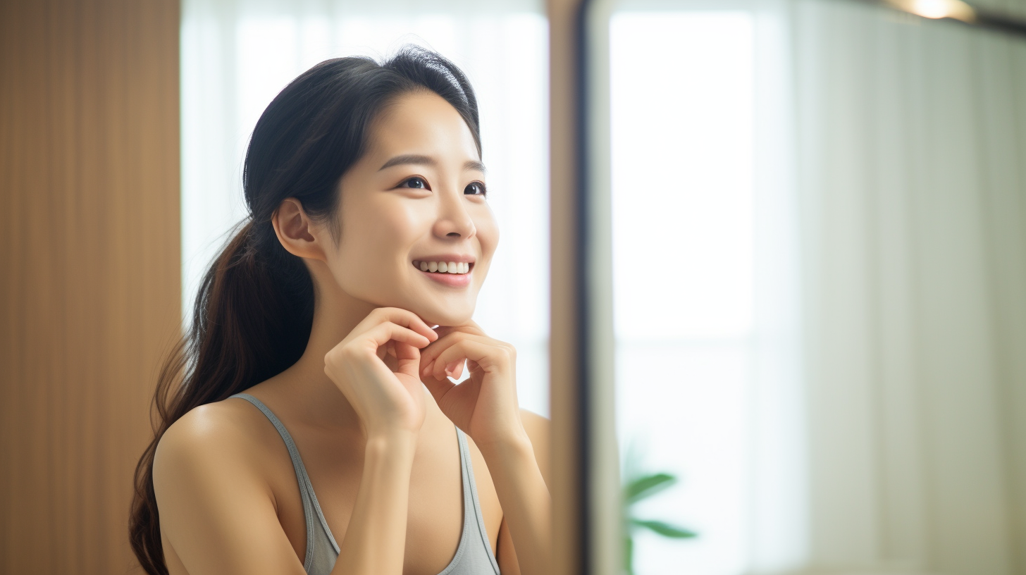 Asian woman smiling at mirror