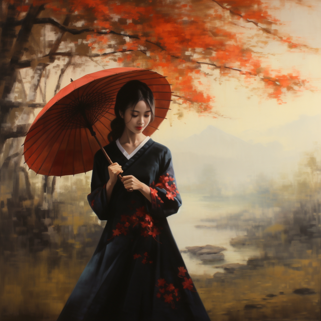 Asian woman with umbrella in nature