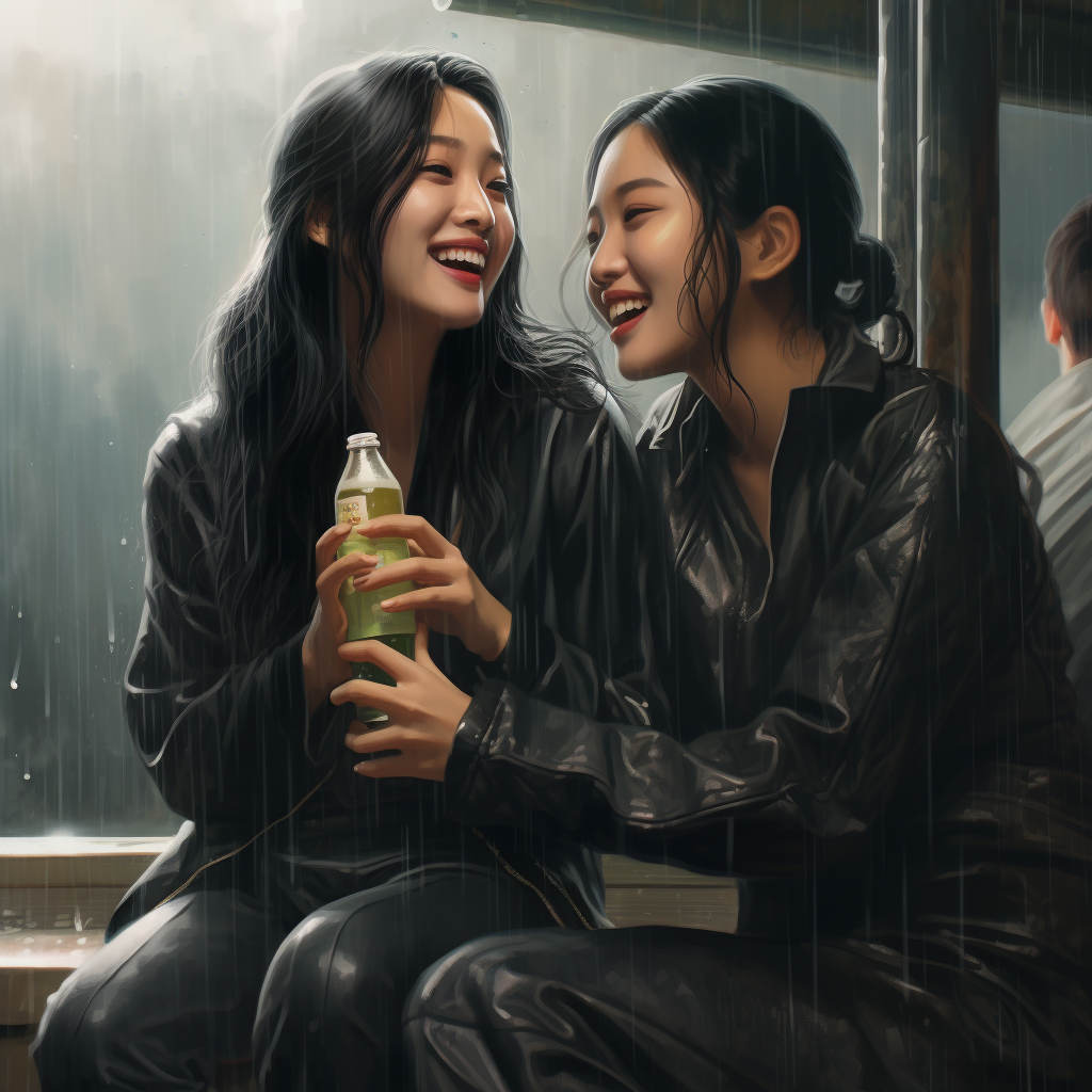 Asian women enjoying rain with soda bottle