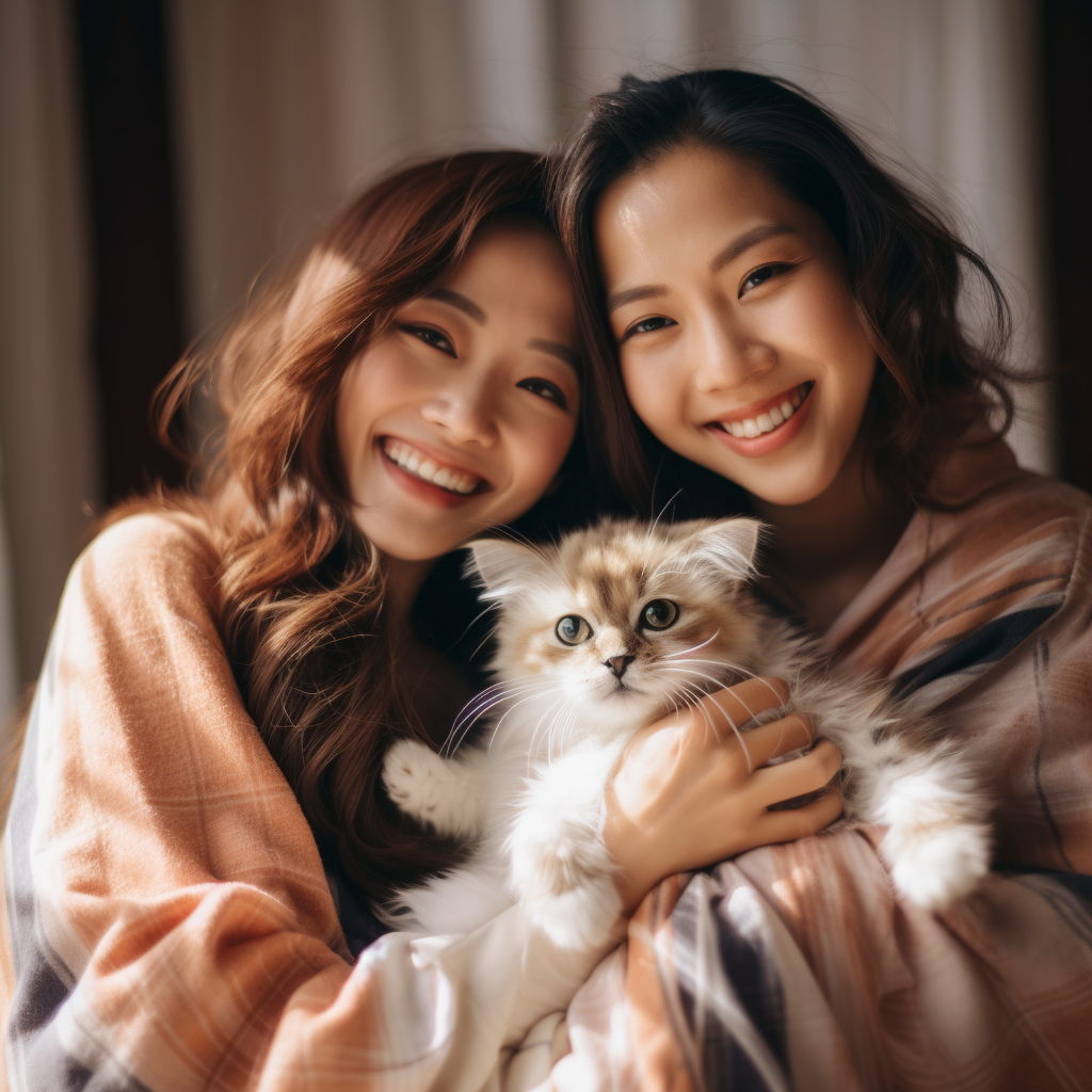 Asian Women with Cat and Dog, Happy Mood