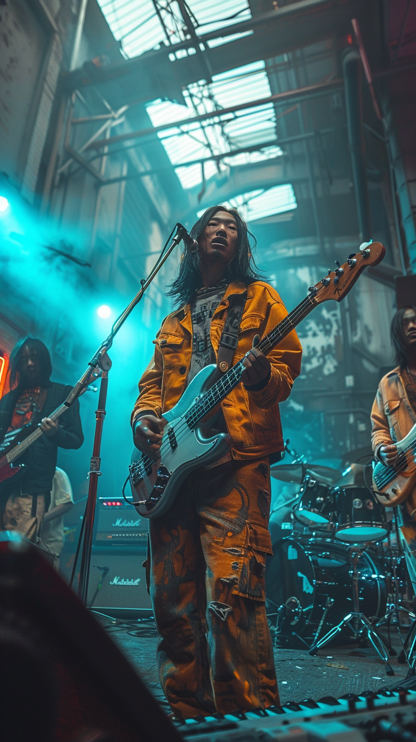 Asian youths playing instruments in warehouse