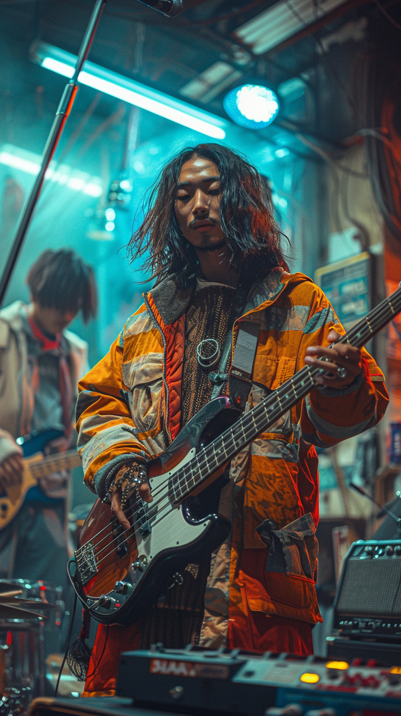 Four Asian youths playing musical instruments joyfully