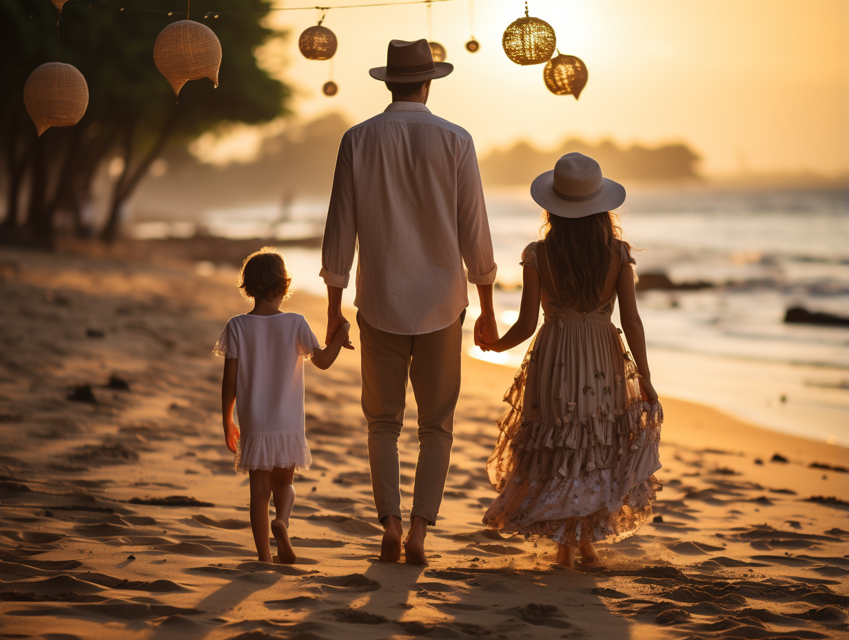 Happy Asian Family Enjoying Sunset in Bali