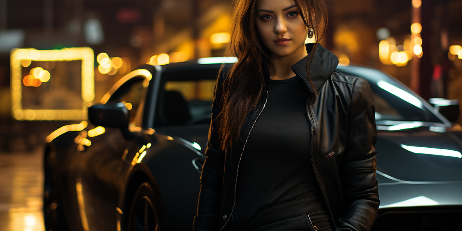 Asian girl waiting in Nissan 350z with city background