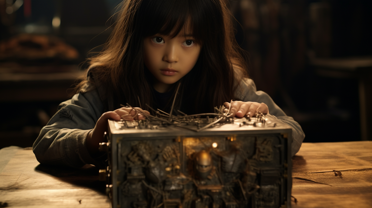 Curious Asian girl examines closed metallic box