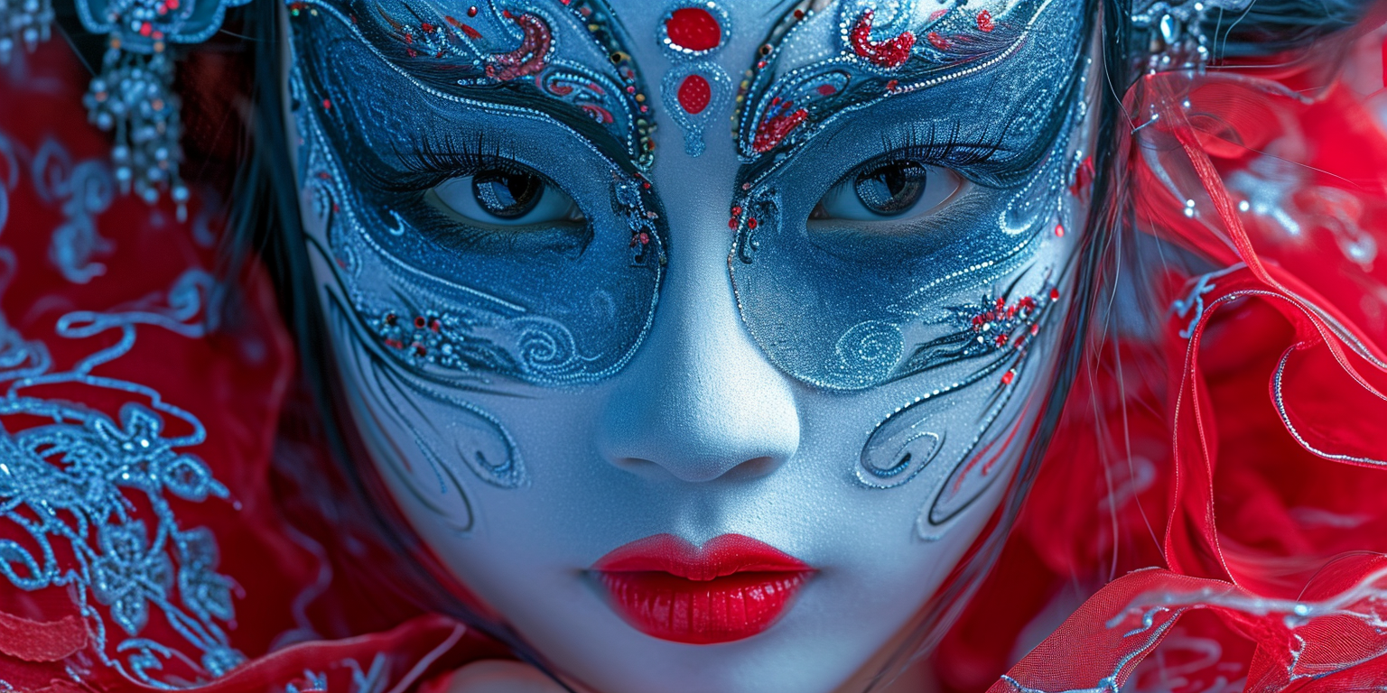 Asian girl with theatrical mask and black hair