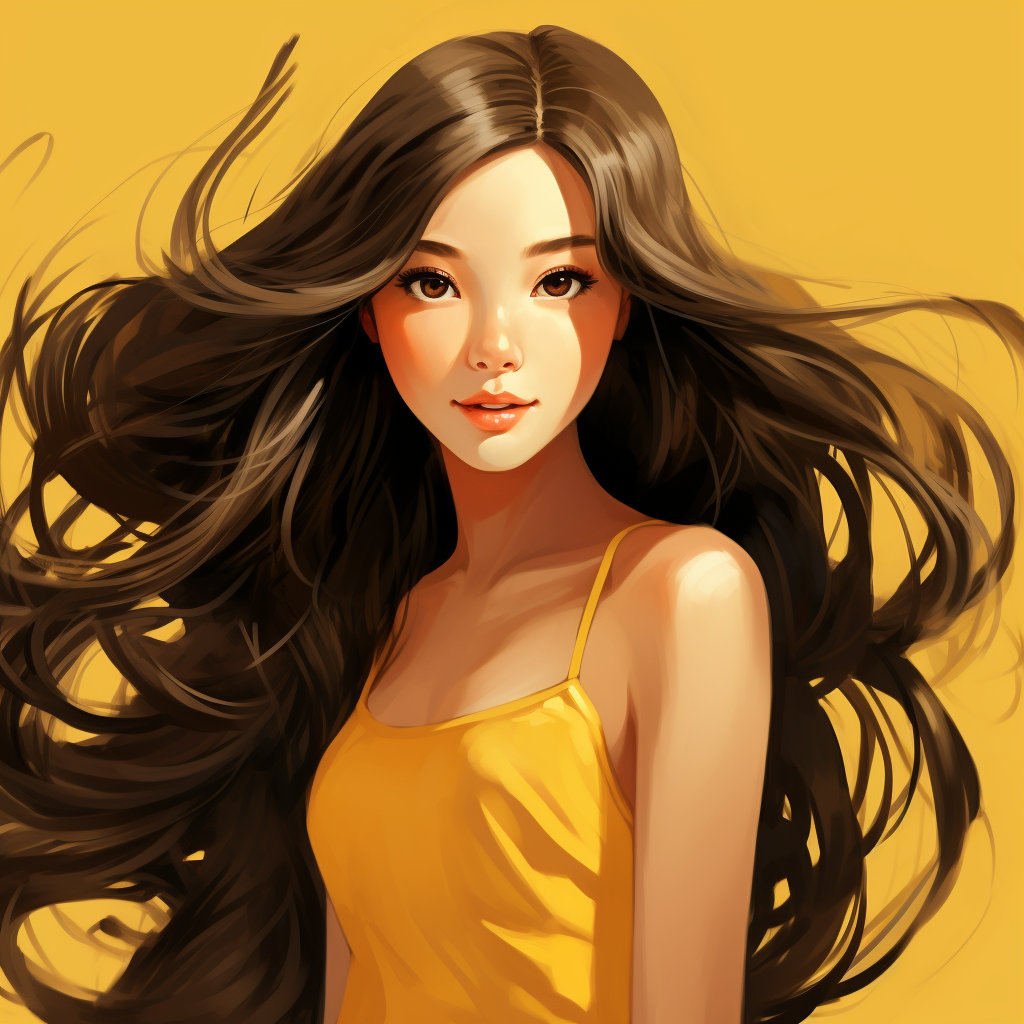 Confident Asian girl in yellow dress with long hair