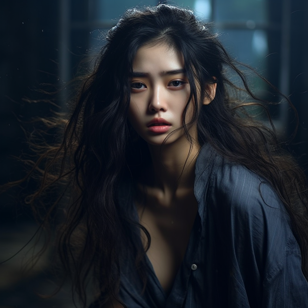 Unhappy Asian Korean girl with dirty and oily hair  ??‍♀️