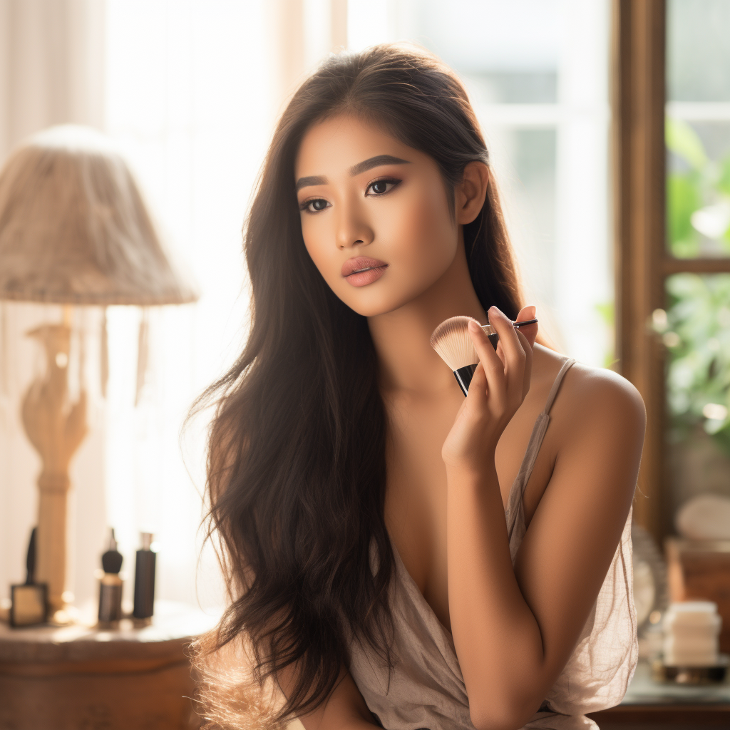 Asian lady applying makeup with sponge and powder