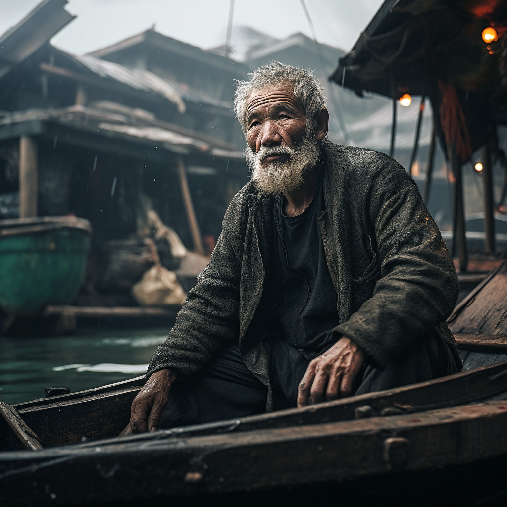 Asian man fishing in deserted village