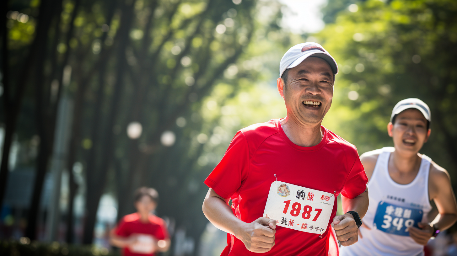 Asian man running marathon with pacemaker