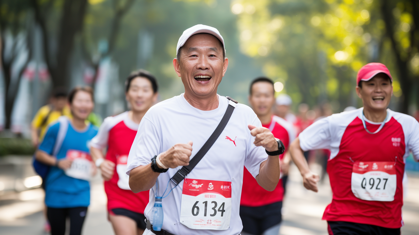 Asian man running marathon with pacemaker beside him