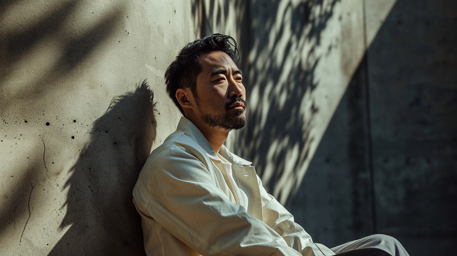 Asian Man in White Hermes Jacket leaning against sculpture