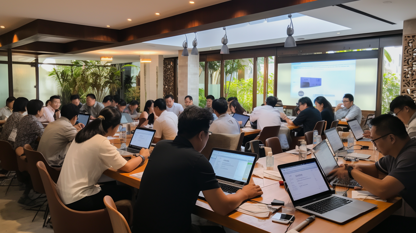 Asian marketers and designers training in minimalist office