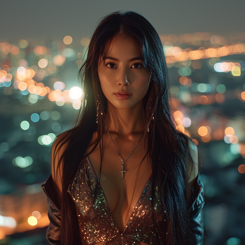 Asian model with long straight hair in cityscape