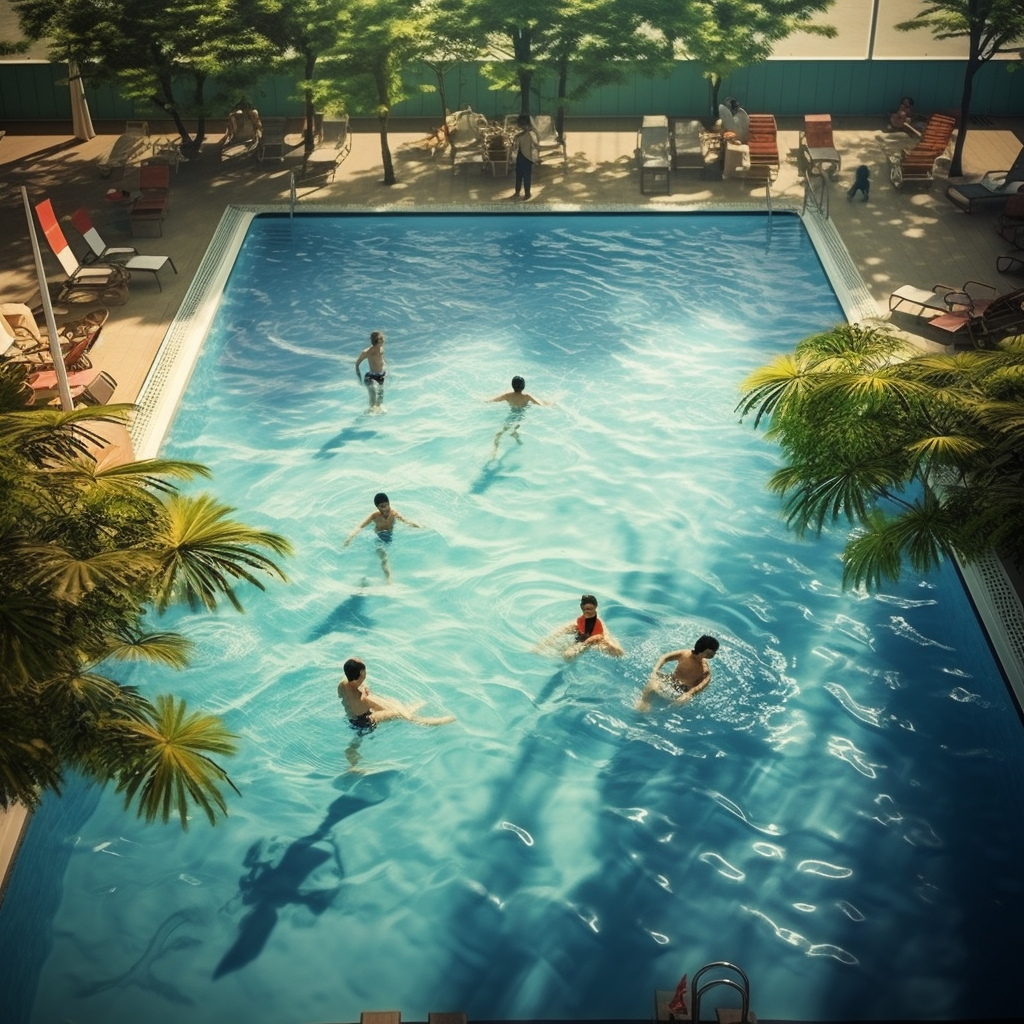 Asian people swimming in long distance pool