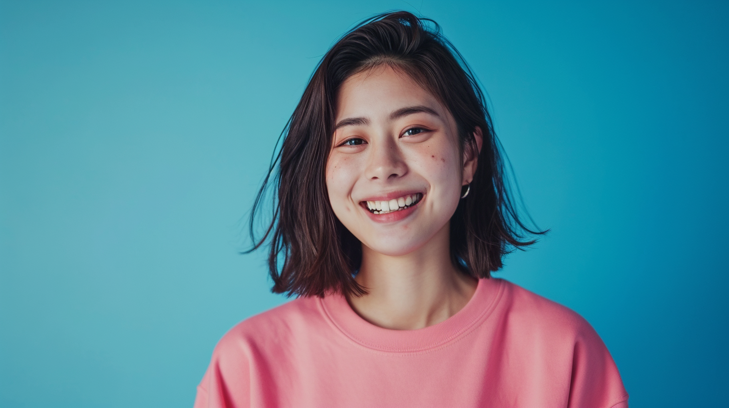 Asian model smiling in pink sweatshirt