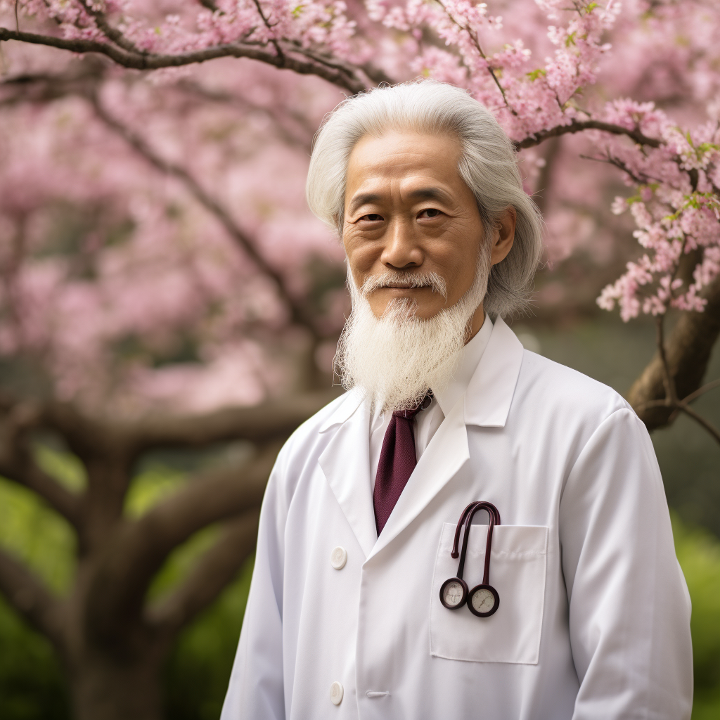 Experienced Asian Sensei Doctor with White Hair