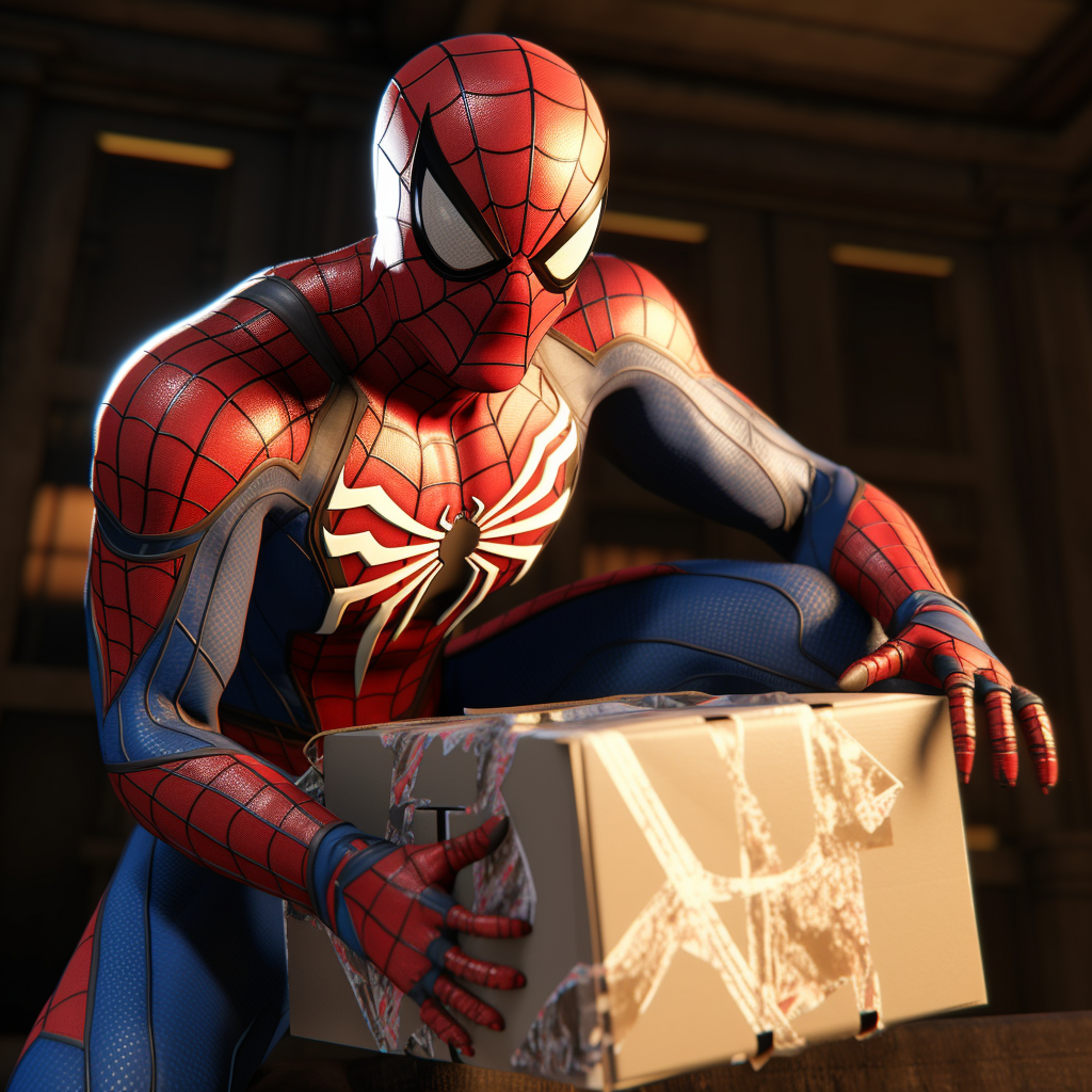 Asian Spider-Man holding an empty box